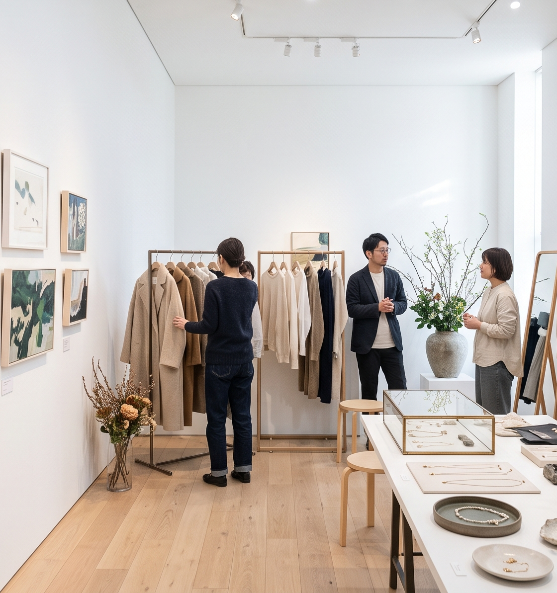 白い壁のスペースに、コートやニットのラック、絵画、アクセサリーの展示台が並び、来場者が見て回っている様子
